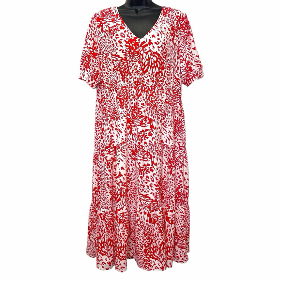 Jodifl Womens Large Animal Print Dress V Neck Pockets Lined Red White NWT - Picture 1 of 14